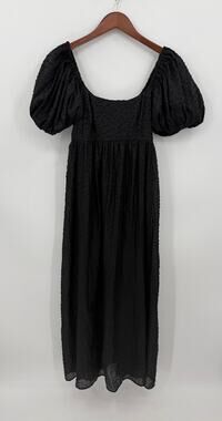 Moon River Black Swiss Dot Puff Sleeve Smocked Midi Dress Cottagecore Small